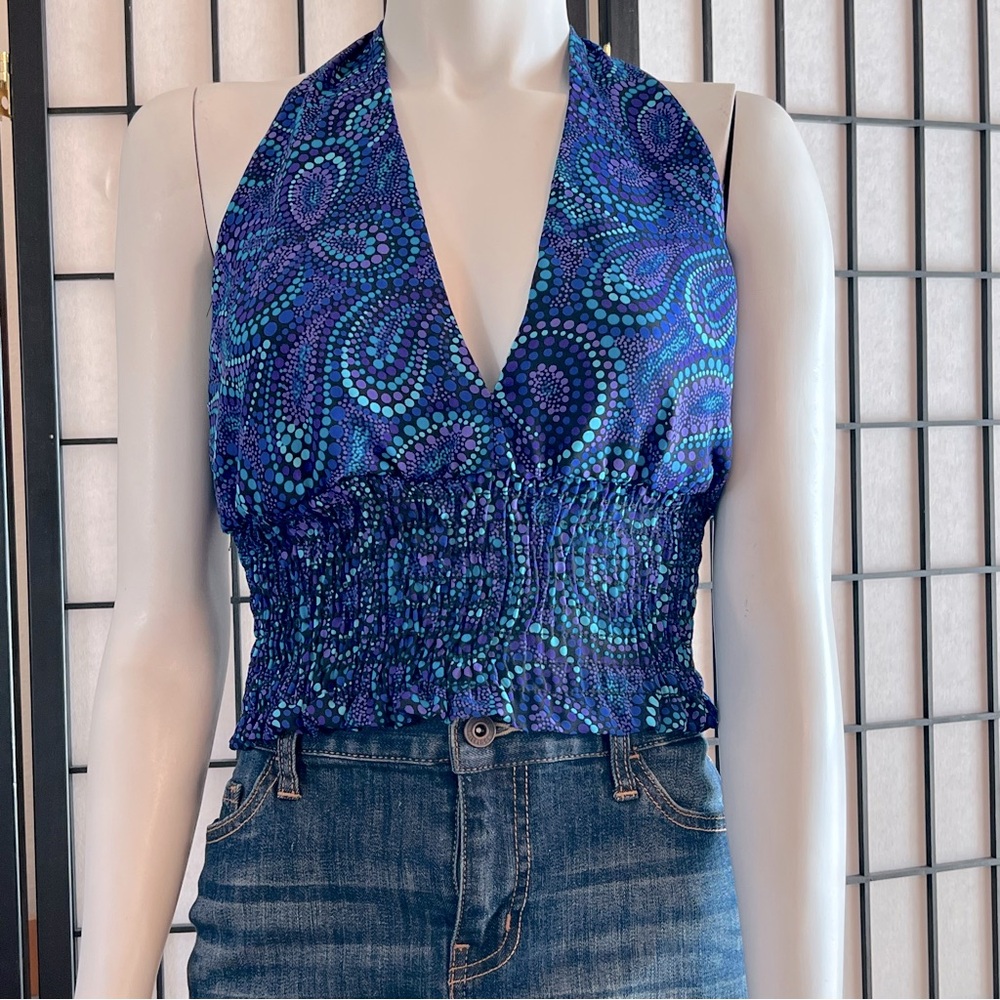 XOXO Blue Purple Graphic Print Ruched Halter Top With Neck Tie